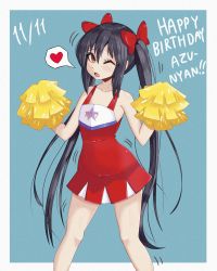Rule 34 | 1girl, absurdres, black hair, bow, brown eyes, cheerleader, collarbone, dated, hair bow, happy birthday, heart, highres, k-on!, long hair, looking at viewer, nakano azusa, one eye closed, open mouth, red bow, solo, speech bubble, spoken heart, twintails, young savage