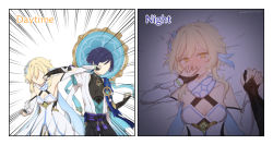 Rule 34 | 1boy, 1girl, 2koma, armor, bed sheet, black gloves, blonde hair, blue hair, blush, breasts, cleavage, clenched hand, comic, commentary request, detached sleeves, double face punch, dress, emphasis lines, english text, face punch, flower, genshin impact, gloves, hair between eyes, hair flower, hair ornament, hat, hetero, highres, holding hands, in the face, japanese armor, jingasa, kote, kurokote, lumine (genshin impact), lying, medium breasts, nanaharu (0420), nose blush, on back, partially fingerless gloves, punching, scaramouche (genshin impact), short hair with long locks, sweat, twitter username, wanderer (genshin impact), white dress, white flower