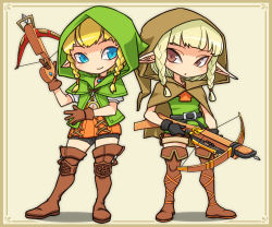 Rule 34 | 2girls, bike shorts, blue eyes, blush, boots, bow (weapon), braid, brown eyes, brown footwear, choker, cloak, commentary request, crossbow, dragon&#039;s crown, elf, elf (dragon&#039;s crown), gloves, hood, hyrule warriors, knee pads, leather, leather boots, linkle, look-alike, looking at another, multiple girls, nintendo, pointy ears, r (waru), short hair, shorts, shorts under skirt, side braids, skirt, smile, the legend of zelda, thigh boots, thighhighs, twin braids, weapon, zettai ryouiki