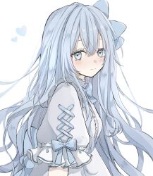 Rule 34 | 1girl, blue bow, blue eyes, blue hair, blue heart, blush, bow, commentary, dress, grey dress, hair between eyes, hair bow, highres, long hair, looking at viewer, original, short sleeves, simple background, solo, upper body, very long hair, white background, yuni 0205
