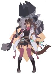 Rule 34 | 1girl, animal ears, azuumori, belt, black footwear, black gloves, black shorts, blue eyes, boots, brown hair, cat ears, cat tail, coat, commentary, cross-laced footwear, english commentary, final fantasy, final fantasy xiv, fingerless gloves, full body, gloves, green eyes, hammer, heterochromia, highres, knee boots, lace-up boots, long hair, long sleeves, n&#039;eji mesea, open mouth, outline, pocket, ponytail, purple thighhighs, ribbed legwear, shorts, smile, solo, standing, tail, test tube, thighhighs, white coat, white outline