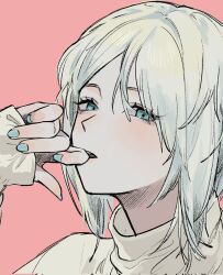 Rule 34 | 1girl, blue eyes, blue nails, blush, faust (project moon), hand up, highres, limbus company, long sleeves, parted lips, pink background, portrait, project moon, simple background, solo, sweater, szztzzs, turtleneck, turtleneck sweater, white hair, white sweater