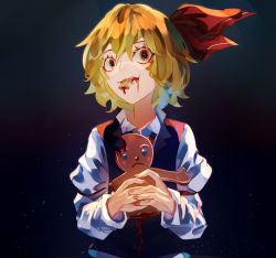 Rule 34 | 1girl, black vest, blonde hair, blood, blood on face, chocolate, dark background, eating, eyebrows hidden by hair, food, food in mouth, gingerbread man, gradient background, grey background, hair between eyes, hair ribbon, highres, holding, holding food, light particles, long sleeves, looking to the side, naufaldreamer, red ribbon, ribbon, rumia, sharp teeth, shirt, short hair, simple background, solo, symbol-shaped pupils, teeth, touhou, upper body, vest, white shirt