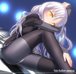 Rule 34 | 00s, 1girl, ass, black bodysuit, bodysuit, caren hortensia, checkered floor, dutch angle, fate/hollow ataraxia, fate/stay night, fate (series), floor, layered sleeves, legs, light purple hair, long hair, panties, pantyhose, perspective, solo, thighhighs, thighs, underwear, uni (plastic girl), white hair, yellow eyes