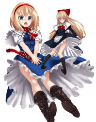 Rule 34 | 1girl, alice margatroid, bad id, bad pixiv id, blonde hair, blue eyes, blush, boots, capelet, covering privates, covering crotch, cross-laced footwear, dress, embarrassed, female focus, knee boots, kneehighs, lace-up boots, long hair, sash, shanghai doll, short hair, socks, solo, takemori shintarou, touhou, wind, wind lift
