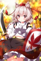 Rule 34 | 1girl, animal ears, black skirt, closed mouth, commentary request, detached sleeves, frilled skirt, frills, hat, highres, holding, holding shield, holding sword, holding weapon, inubashiri momiji, leaf print, light particles, looking at viewer, maple leaf print, navel, red eyes, red hat, red skirt, ribbon-trimmed sleeves, ribbon trim, ruu (tksymkw), shield, shirt, skirt, solo, sword, tokin hat, touhou, weapon, white shirt, wide sleeves, wolf ears, wolf girl