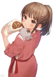 Rule 34 | 1girl, :t, animal, animal on shoulder, animal request, blush, bou (sen to chihiro no kamikakushi), brown eyes, brown hair, closed mouth, eating, food, from behind, highres, holding, holding food, long sleeves, looking at viewer, looking back, mouse (animal), ogino chihiro, ponytail, profile, ryota (ry o ta), sen to chihiro no kamikakushi, signature, simple background, solo, white background, yu-bird