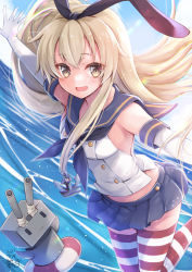 Rule 34 | 1girl, absurdres, anchor hair ornament, black hairband, black panties, blonde hair, blue skirt, blue sky, crop top, day, elbow gloves, gloves, hair ornament, hairband, highleg, highleg panties, highres, kantai collection, long hair, mashiro yukiya, microskirt, outdoors, panties, pleated skirt, rensouhou-chan, sailor collar, shimakaze (kancolle), skirt, sky, striped clothes, striped thighhighs, thighhighs, thong, underwear, white gloves, yellow eyes