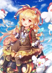 Rule 34 | 1girl, :d, animal ears, backpack, bag, baram, beads, bird, blonde hair, blue sky, brown dress, chicken, clenched hand, cloud, commentary, day, dress, frilled dress, frills, granblue fantasy, hair beads, hair ornament, harvin, long hair, looking at viewer, mahira (granblue fantasy), open mouth, red eyes, sitting, skirt hold, sky, smile, solo, thighhighs, very long hair
