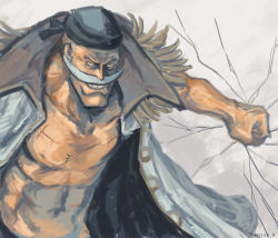 Rule 34 | 1boy, bandana, clenched hand, edward newgate, epaulettes, facial hair, fighting stance, grin, jacket, male focus, muscular, mustache, one piece, open clothes, open shirt, shirt, smile, solo, white hair