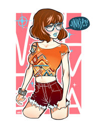 Rule 34 | 1girl, asia kendrick-horton, blue lips, blush, bracelet, breasts, brown hair, casual, clenched hand, collarbone, contemporary, cowboy shot, crop top, cropped legs, cutoffs, glasses, jewelry, lipstick, makeup, midriff, nail polish, orange shirt, scooby-doo, shirt, short hair, shorts, solo, velma dace dinkley