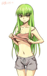 Rule 34 | 1girl, breasts, c.c., clothes lift, code geass, collarbone, cowboy shot, green hair, grey shorts, lifting own clothes, long hair, looking at viewer, medium breasts, navel, open mouth, pink shirt, ribbon, setu kurokawa, shirt, shirt lift, short shorts, shorts, simple background, sketch, sleeveless, sleeveless shirt, solo, standing, sweat, underboob, very long hair, white background, white ribbon, yellow eyes
