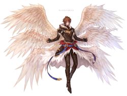 Rule 34 | 1boy, absurdres, armor, bad id, bad pixiv id, brown hair, cjy4547, fingerless gloves, gloves, granblue fantasy, highres, hood, hood down, male focus, multiple wings, outstretched arms, red eyes, sandalphon (granblue fantasy), seraph, short hair, smile, solo, spread arms, wings