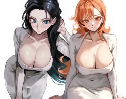 Rule 34 | 2girls, asymmetrical bangs, black hair, blue eyes, breasts, cleavage, closed mouth, dongtan dress, dress, earrings, hand in own hair, hand on own thigh, highres, jewelry, large breasts, leaning forward, long hair, looking at viewer, meme attire, multiple girls, nami (one piece), nico robin, one piece, open mouth, orange eyes, orange hair, pearl earrings, simple background, sitting, vcais, white dress