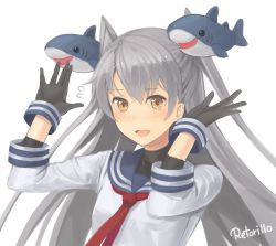 Rule 34 | 1girl, amatsukaze (kancolle), arms up, artist name, bad id, bad twitter id, black gloves, blush, breasts, cosplay, gloves, grey hair, headgear, kantai collection, long hair, looking at viewer, murakumo (kancolle), murakumo (kancolle) (cosplay), necktie, open mouth, orange eyes, red necktie, retorillo, shark, small breasts, smile, solo, two side up, upper body, white background