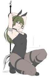 Rule 34 | absurdres, alternate costume, alternate hairstyle, animal ears, arm strap, armlet, armpits, arms behind head, black choker, black footwear, black hairband, black leotard, boots, breasts, choker, commentary request, fake animal ears, full body, green hair, hairband, highres, holding, holding polearm, holding weapon, leotard, long hair, mangpum (taro109210), o-ring, o-ring choker, on one knee, pantyhose, polearm, rabbit ears, simple background, small breasts, sousou no frieren, staff, ubel (sousou no frieren), weapon, white background