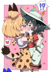 Rule 34 | !?, 2girls, ^^^, animal ears, backpack, bad id, bad twitter id, bag, bare shoulders, black hair, blonde hair, blue eyes, blush, commentary request, cowboy shot, ear blush, elbow gloves, extra ears, gloves, hands on another&#039;s cheeks, hands on another&#039;s face, hat, hat feather, heart, high-waist skirt, highres, kaban (kemono friends), kemono friends, kiss, leg between thighs, lucky beast (kemono friends), multiple girls, nekonyan (inaba31415), nose blush, pink background, print gloves, print legwear, print neckwear, print skirt, red shirt, serval, serval print, serval tail, shirt, short hair, short sleeves, shorts, simple background, skirt, sleeveless, sleeveless shirt, spoken heart, spoken interrobang, sweat, tail, thighhighs, white shirt, white shorts, yellow eyes, yuri