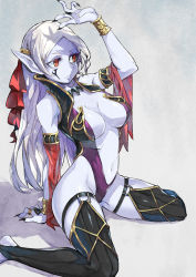 Rule 34 | 1girl, arm support, arm up, armlet, black nails, black thighhighs, blue skin, bracelet, bracer, breasts, center opening, colored skin, dark elf, detached sleeves, elf, eyebrows, eyelashes, facial tattoo, fingernails, hair ribbon, high collar, highleg, highleg leotard, jewelry, large breasts, leotard, long hair, looking away, nail polish, navel, necklace, pale skin, parted bangs, pointy ears, red eyes, ribbon, ring, shading eyes, sharp fingernails, sitting, solo, stirrup legwear, sugi koutarou, tattoo, thighhighs, toeless legwear, very long fingernails, wariza, white hair