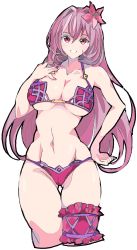 Rule 34 | 1girl, :d, bikini, bracelet, breasts, bridal garter, collarbone, commentary request, enpe, fate/grand order, fate (series), flower, hair flower, hair intakes, hair ornament, hand on own hip, hand on own chest, hibiscus, highres, jewelry, large breasts, looking at viewer, navel, open mouth, pink bikini, purple bikini, purple hair, red eyes, scathach (fate), scathach (fate/grand order), scathach (swimsuit assassin) (fate), simple background, smile, solo, swimsuit, thighs, white background