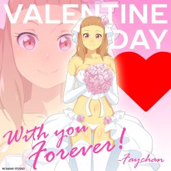 Rule 34 | 1girl, bouquet, breasts, bridal gauntlets, bridal veil, bride, brown hair, challengia, dress, faychan, flower, gloves, hair ornament, heart, holding, holding bouquet, large breasts, lingerie, long hair, looking at viewer, navel, nchans, nchans style, official art, panties, red eyes, simple background, smile, text focus, underwear, veil, wedding, wedding dress