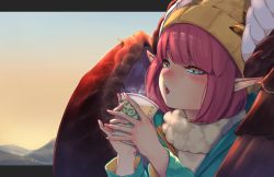 Rule 34 | 1girl, aqua eyes, beanie, blowing, blue sky, blush, bob cut, brown feathers, brown wings, circe (fate), circe (traveling outfit) (fate), commentary request, cup, evening, fate/grand order, fate (series), feathered wings, feathers, fingernails, from side, gradient eyes, gradient sky, green shirt, half-closed eyes, hat, head wings, highres, holding, holding cup, letterboxed, logo parody, long sleeves, looking away, mountain, mountainous horizon, multicolored eyes, nose blush, open mouth, orange eyes, orange sky, outdoors, pink hair, pointy ears, scarf, shirt, short hair, sidelocks, sky, solo, starbucks, steam, upper body, white scarf, wings, yellow hat, yuurei447