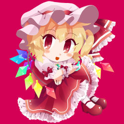 Rule 34 | 1girl, :d, blonde hair, blush stickers, brooch, chibi, commentary request, crossed arms, flandre scarlet, frilled skirt, frilled sleeves, frills, full body, green brooch, hat, hat ribbon, jewelry, looking at viewer, maa (forsythia1729), mary janes, medium hair, mob cap, open mouth, pink background, puffy short sleeves, puffy sleeves, rainbow order, red eyes, red footwear, red ribbon, red skirt, red vest, ribbon, shirt, shoes, short sleeves, skirt, skirt set, smile, solo, touhou, vest, white hat, white legwear, white shirt, wings