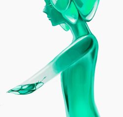 Rule 34 | 1other, amputee, androgynous, armpits, closed mouth, colored skin, completely nude, crystal, expressionless, eyelashes, from side, green theme, highres, houseki no kuni, looking ahead, monochrome, nude, other focus, phosphophyllite, phosphophyllite (gemstone), profile, short hair, simple background, solo, tri angle7, upper body