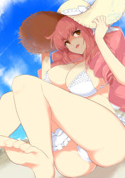 Rule 34 | 1girl, :o, ahoge, aoguu, ass, beach, bikini, bow, breasts, bridal garter, brown eyes, cleavage, cloud, contrail, crotch, day, drill hair, dutch angle, fang, feet, female focus, frilled bikini, frills, from side, garter belt, hands on headwear, hands up, hat, hat bow, head wings, large breasts, legs, legs up, long hair, looking to the side, naoe kanetsugu (sengoku collection), ocean, on ground, open mouth, orange eyes, outdoors, pink hair, sengoku collection, sideboob, sidelocks, sitting, sky, soles, solo, strap gap, straw hat, swimsuit, thighs, toes, very long hair, water, white bikini, wings