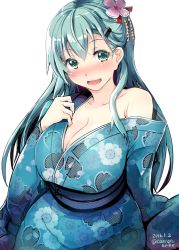 Rule 34 | 10s, 1girl, 2016, :d, aqua eyes, aqua hair, artist name, bare shoulders, blush, breasts, cleavage, collarbone, colored eyelashes, curvy, dated, female focus, floral print, flower, gin&#039;ichi (akacia), hair flower, hair ornament, hairclip, hairpin, japanese clothes, kantai collection, kimono, large breasts, long sleeves, looking at viewer, nose blush, open clothes, open kimono, open mouth, sash, simple background, smile, solo, suzuya (kancolle), sweatdrop, teeth, undressing, upper body, white background, wide hips