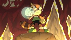 Rule 34 | 1girl, animal ears, blue eyes, cave, clenched hands, furry, furry female, marine the raccoon, raccoon ears, raccoon tail, smile, solo, sonic (series), sonic rush adventure, stalagmite, standing, tail, virtanderson