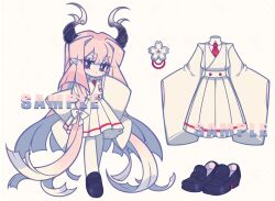 Rule 34 | 1girl, black eyes, black footwear, collared shirt, dress, expressionless, full body, highres, horns, loafers, long hair, necktie, original, pink hair, red necktie, sample watermark, shirt, shoes, solo, standing, watermark, white background, white dress, white shirt, wide sleeves, xianyudian laoban
