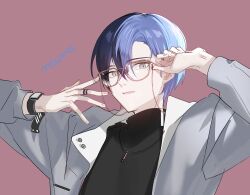 Rule 34 | 1boy, absurdres, aoyagi touya, black shirt, blue hair, dark blue hair, glasses, grey eyes, grey jacket, hair between eyes, highres, jacket, jewelry, long sleeves, male focus, mole, mole under eye, mona0101, multicolored hair, necklace, open mouth, parted bangs, project sekai, shirt, simple background, solo, upper body, watch, wristwatch