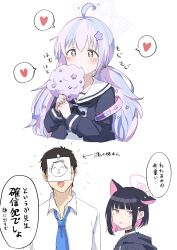 Rule 34 | + +, 1boy, 2girls, absurdres, ahoge, animal ears, doodle sensei (blue archive), black choker, black hair, black hoodie, black neckerchief, black necktie, blue archive, blue hair, blue jacket, blunt bangs, blush, cat ears, choker, collared shirt, colored inner hair, commentary request, cotton candy, eating, facing viewer, food, grey serafuku, hair ornament, hairpin, halo, heart, highres, holding, holding food, hood, hood down, hoodie, jacket, kazusa (blue archive), long hair, long sleeves, looking at viewer, multicolored hair, multiple girls, neckerchief, necktie, open clothes, open jacket, open mouth, pink hair, purple eyes, reisa (blue archive), sailor collar, school uniform, sensei (blue archive), serafuku, shirt, short hair, simple background, solid oval eyes, somr dodm, speech bubble, spoken heart, star (symbol), star hair ornament, star halo, sweatdrop, translation request, twintails, two-tone hair, upper body, white background, white sailor collar, white shirt