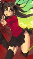 Rule 34 | 00s, 1girl, black thighhighs, breasts, cropped, fate/hollow ataraxia, fate/stay night, fate (series), lowres, miniskirt, morii shizuki, skirt, small breasts, solo, thighhighs, thighs, tohsaka rin, turtleneck, zettai ryouiki