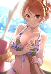 Rule 34 | 1boy, 1girl, blurry, breast press, breasts, cleavage, commentary request, depth of field, floral print, grabbing, grabbing another&#039;s breast, grabbing another's breast, guided breast grab, guiding hand, halterneck, highres, hojo karen, idolmaster, idolmaster cinderella girls, light particles, lotion, mk (mod0), navel, pov, solo focus, squeezing, sunscreen, swimsuit, water