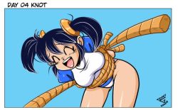 Rule 34 | 1girl, 2020, 20s, black hair, blue background, blue panties, blush, breasts, closed eyes, crossed arms, dated, embarrassed, erik96, erika-chan, long hair, medium breasts, midriff, navel, open mouth, original, panties, puffy sleeves, revealing clothes, rope, scrunchie, shiny skin, shirt, short sleeves, standing, striped clothes, striped panties, tears, thong, twintails, underwear, white shirt, wide hips