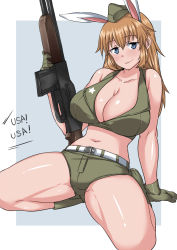 Rule 34 | 1girl, animal ears, arm support, bare shoulders, belt, blue eyes, blush, bow, bracelet, breasts, brown hair, browning automatic rifle, charlotte e. yeager, cleavage, collarbone, crop top, cropped jacket, english text, garrison cap, gloves, green gloves, gun, hat, holding, holding gun, holding weapon, huge breasts, jewelry, kadokawa shoten, komusou (jinrikisha), large breasts, long hair, looking at viewer, machine gun, midriff, military, military uniform, navel, no panties, orange hair, rabbit ears, rabbit girl, shiny skin, short shorts, shorts, simple background, sitting, smile, solo, star (symbol), strike witches, uniform, united states, weapon, world witches series
