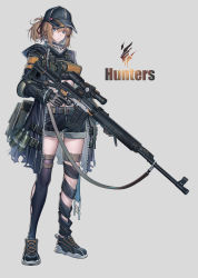 Rule 34 | 1girl, asymmetrical legwear, bag, baseball cap, black coat, black footwear, black gloves, black shirt, black thighhighs, blouse, brown bag, coat, commentary request, crop top, cross-laced footwear, dragunov svd, echj, explosive, frown, full body, gloves, grenade, grey background, grey eyes, grey gloves, gun, hair ribbon, hat, high collar, highres, holding, holding gun, holding weapon, holstered, hood, hooded coat, long sleeves, looking at viewer, midriff, mismatched legwear, navel, open clothes, open coat, original, ponytail, red ribbon, ribbon, rifle, scar, scar across eye, scar on face, scope, shirt, shoes, short ponytail, short shorts, shorts, simple background, sneakers, sniper rifle, solo, thigh strap, thighhighs, torn clothes, torn coat, two-tone gloves, weapon