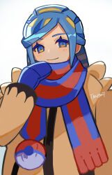 Rule 34 | 1boy, blue eyes, blue mittens, blue pupils, blue scarf, blush, closed mouth, commentary request, creatures (company), eyelashes, game freak, grusha (pokemon), hand up, highres, imemi fryme, jacket, long sleeves, looking at viewer, male focus, mittens, nintendo, pokemon, pokemon sv, scarf, signature, smile, solo, striped clothes, striped scarf, upper body, white background, yellow jacket