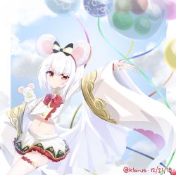 Rule 34 | 1girl, animal, animal ears, balloon, blurry, bow, bowtie, brooch, buttons, cloud, collared shirt, cowboy shot, crop top, crop top overhang, dated, detached sleeves, fake animal ears, granblue fantasy, hair bow, hairband, heart, heart brooch, highres, jewelry, klaius, long sleeves, looking at viewer, midriff, miniskirt, mouse (animal), mouse ears, navel, outstretched arms, pleated skirt, red eyes, shirt, short hair, skirt, solo, stomach, thigh strap, twitter username, vikala (granblue fantasy), white hair, white shirt, white skirt, wide sleeves
