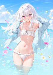 Rule 34 | 1girl, bare shoulders, bikini, blush, collarbone, commentary request, day, falling flower, falling petals, flower, highres, long hair, long sleeves, looking at viewer, mignon, navel, off shoulder, open clothes, original, outdoors, parted lips, partially submerged, petals, purple eyes, shiro-chan (mignon), smile, solo, stomach, swimsuit, teeth, thighs, water, white bikini
