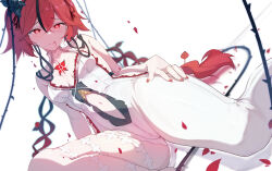 1girl :q absurdres black_hair blush bokujuu breasts camellya_(wuthering_waves) closed_mouth cowboy_shot fingernails flower furrowed_brow hair_between_eyes hair_ornament hand_on_own_thigh highres looking_at_viewer multicolored_hair nail_polish navel red_eyes red_hair red_nails shadow sidelocks sitting small_breasts smile solo streaked_hair thighs tongue tongue_out two-tone_hair wuthering_waves