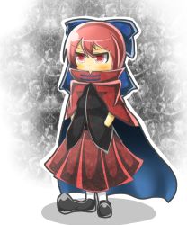 Rule 34 | 1girl, blush, bow, cape, cloak, dress, hair bow, hands in pockets, lowres, red dress, red eyes, red hair, red skirt, sekibanki, skirt, solo, torita (waowao4), touhou