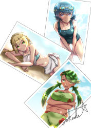 Rule 34 | 3girls, bare shoulders, bent over, bikini, blonde hair, blue eyes, blue hair, braid, closed mouth, cloud, cloudy sky, creatures (company), crossed arms, dark skin, dark-skinned female, from above, game freak, gen 1 pokemon, goggles, goggles on head, green eyes, green hair, hair ornament, highres, lana (pokemon), lillie (pokemon), long hair, looking at viewer, low twintails, lying, mallow (pokemon), multiple girls, nintendo, photo (object), pokemon, pokemon (anime), pokemon (creature), pokemon sm (anime), shorts, signature, sky, staryu, sunlight, swimsuit, takecha, trial captain, twintails