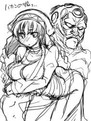 Rule 34 | 1boy, 1girl, bent over, braid, breast hold, breasts, capcom, cleavage, facial hair, greyscale, hakan, hakan&#039;s wife, hat, husband and wife, large breasts, long hair, monochrome, mustache, no pupils, sketch, street fighter, street fighter iv (series), tokita monta, twin braids