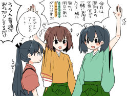 Rule 34 | 10s, 3girls, :d, ^^^, april fools, arm up, blue eyes, blush, brown hair, comic, commentary request, hair between eyes, hakama, hakama skirt, high ponytail, hip vent, hiryuu (kancolle), houshou (kancolle), japanese clothes, kantai collection, kimono, long hair, long sleeves, multiple girls, one side up, open mouth, ponytail, simple background, skirt, smile, souryuu (kancolle), sparkle, swept bangs, tasuki, translated, twintails, white background, wide sleeves, yoichi (umagoya)