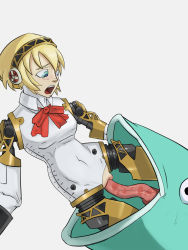 Rule 34 | 1girl, aegis (persona), android, artist request, bestiality, blonde hair, clothed sex, cunnilingus, fish, highres, monster, open mouth, oral, persona, persona 3, pussy, shantae (series), short hair, tongue, uncensored, vaginal