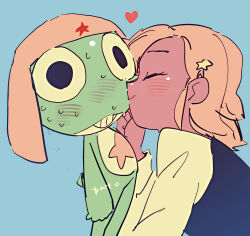 Rule 34 | 1boy, 1girl, angol mois, artist name, black eyes, black vest, blue background, blush, closed eyes, commentary request, facing another, frog, hair ornament, hat, heart, height difference, hetero, highres, ice nomu, keroro, keroro gunsou, kiss, kissing cheek, long sleeves, military hat, nervous sweating, orange hair, profile, short hair, simple background, smile, star (symbol), star hair ornament, sweat, vest, wide-eyed