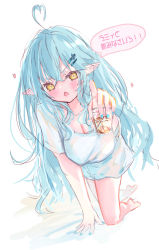 Rule 34 | 1girl, ahoge, alcohol, all fours, angry, barefoot, beer, blue hair, blue nails, blush, cup, elf, heart, heart ahoge, heart hair, highres, holding, holding cup, hololive, long hair, nail polish, open mouth, pointy ears, shin murasame, solo, speech bubble, translation request, v-shaped eyebrows, virtual youtuber, white background, yukihana lamy