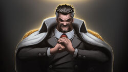 Rule 34 | 1boy, aged down, beard, black hair, clenched hand, clufy art, coat, coat on shoulders, epaulettes, facial hair, formal, highres, long sleeves, looking at viewer, male focus, military uniform, monkey d. garp, multicolored hair, mustache, necktie, one piece, realistic, red necktie, scar, scar on face, short hair, solo, teeth, two-tone hair, uniform, white hair